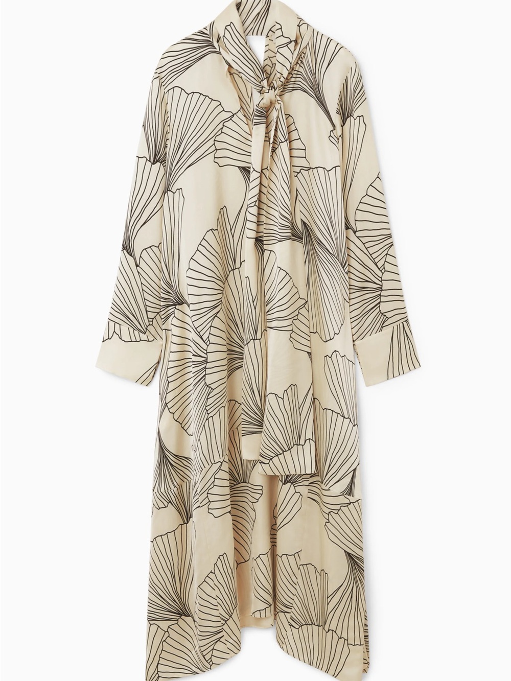 COS Cream and Black Floral Tie-Neck Long Sleeve Dress
